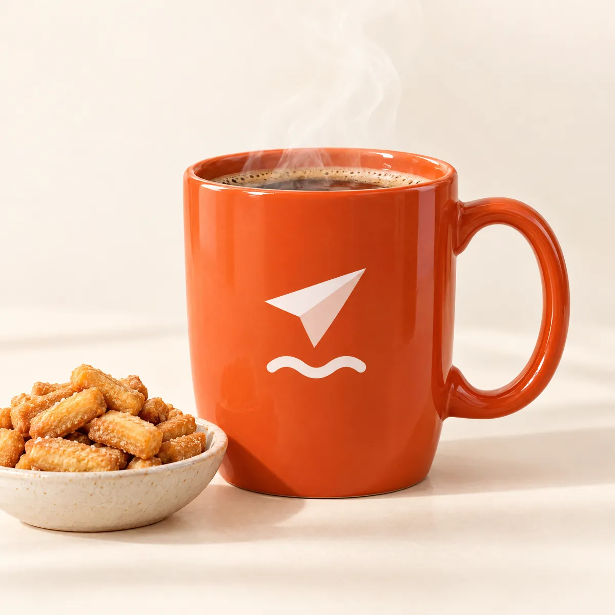 An orange FerrySend mug with steam rising
