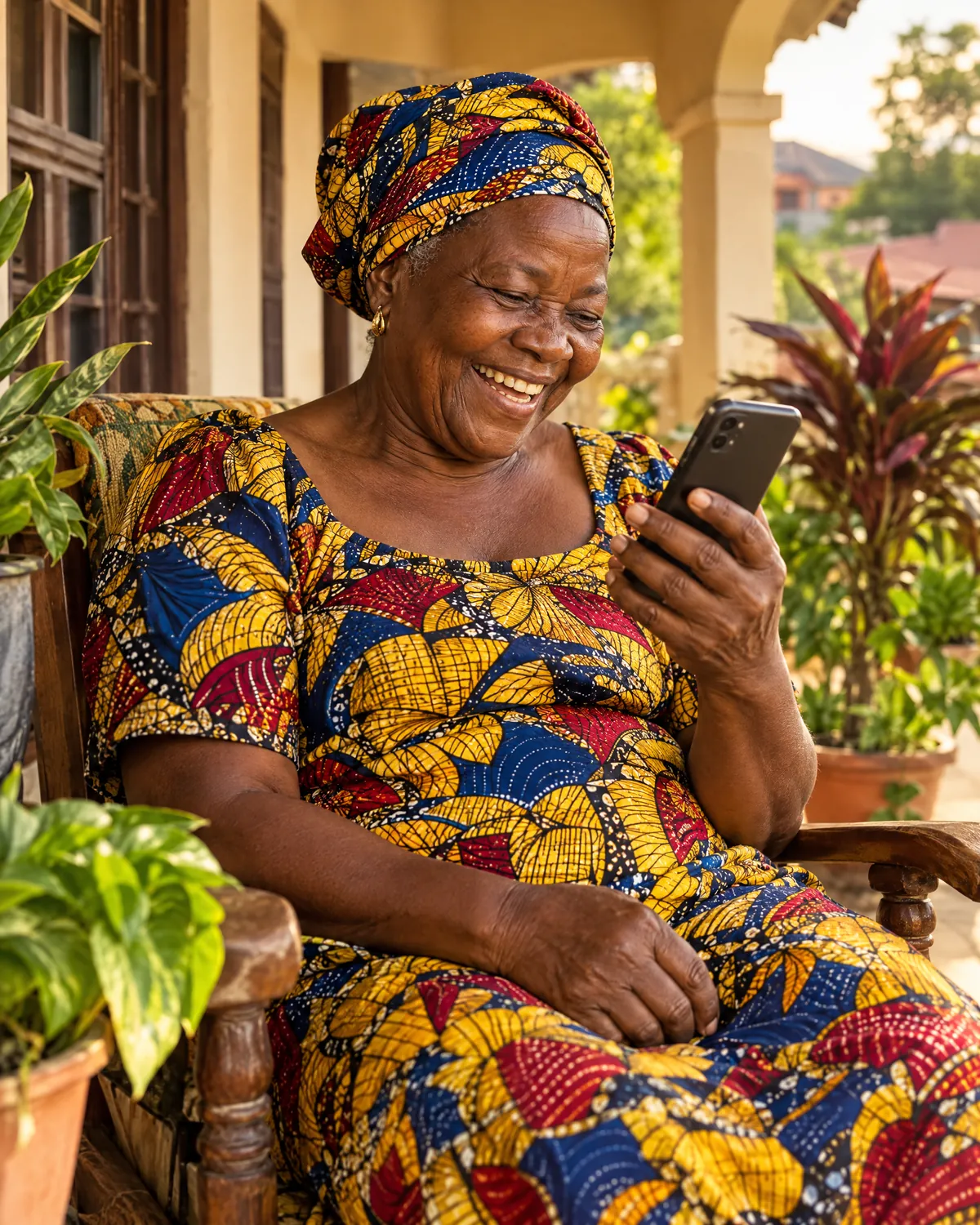 A grandmother on her veranda in Kumasi laughing at her phone