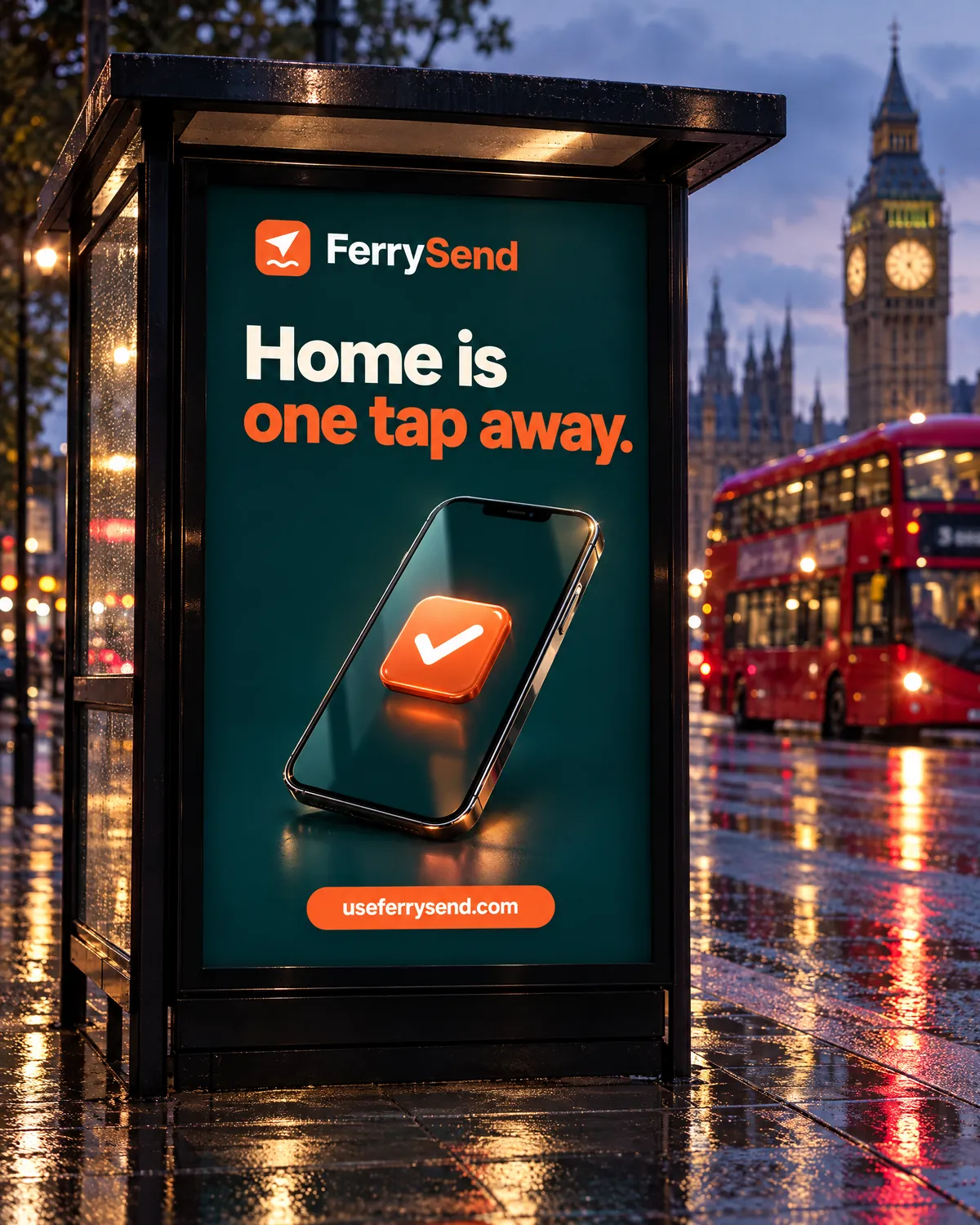 A FerrySend bus shelter poster on a London street at dusk