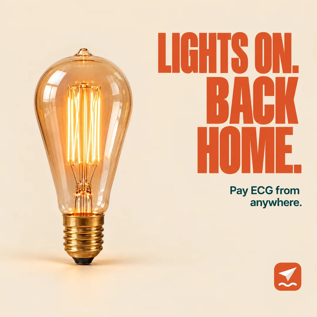 FerrySend post: Lights on. Back home. Pay ECG from anywhere.