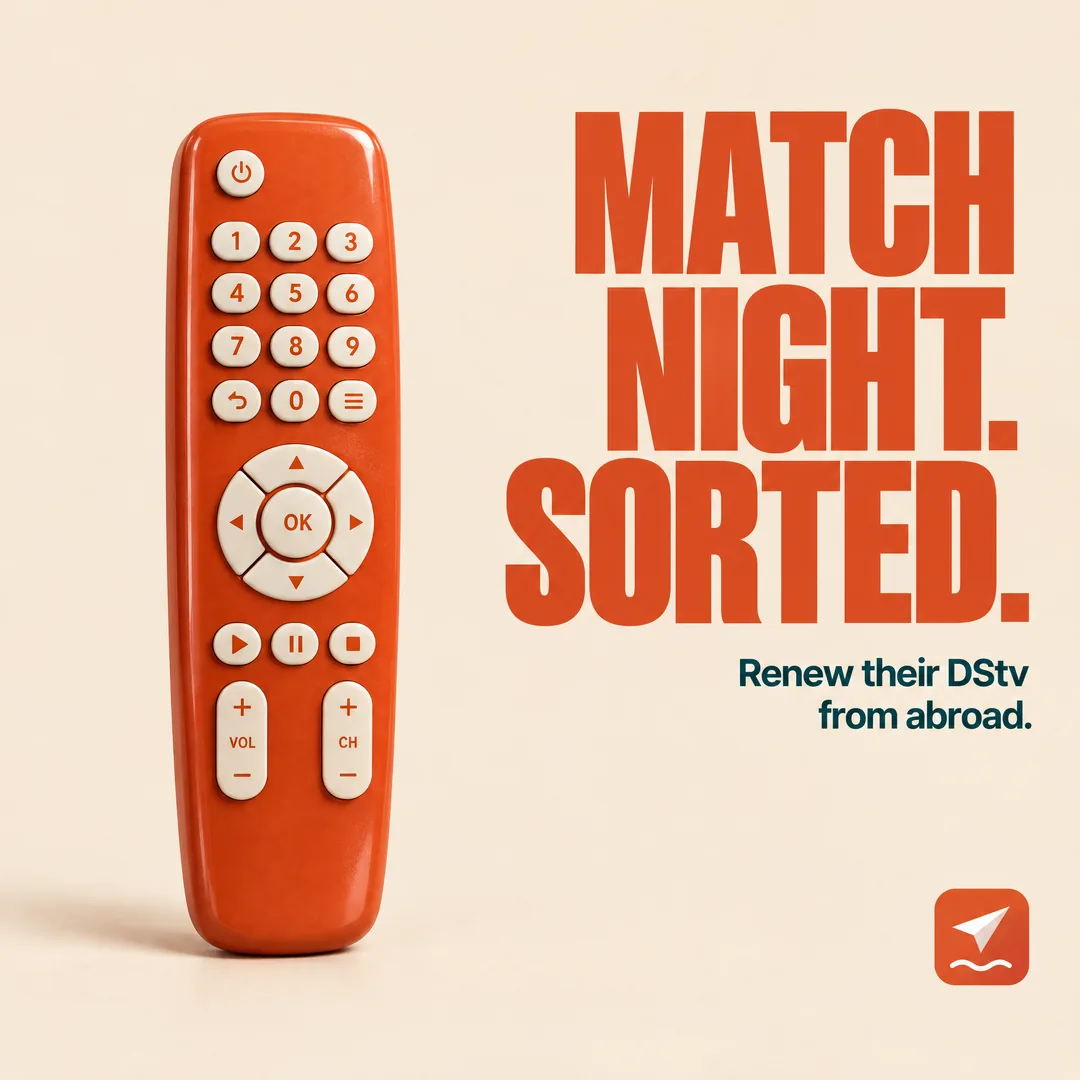 FerrySend post: Match night. Sorted. Renew their DStv from abroad.