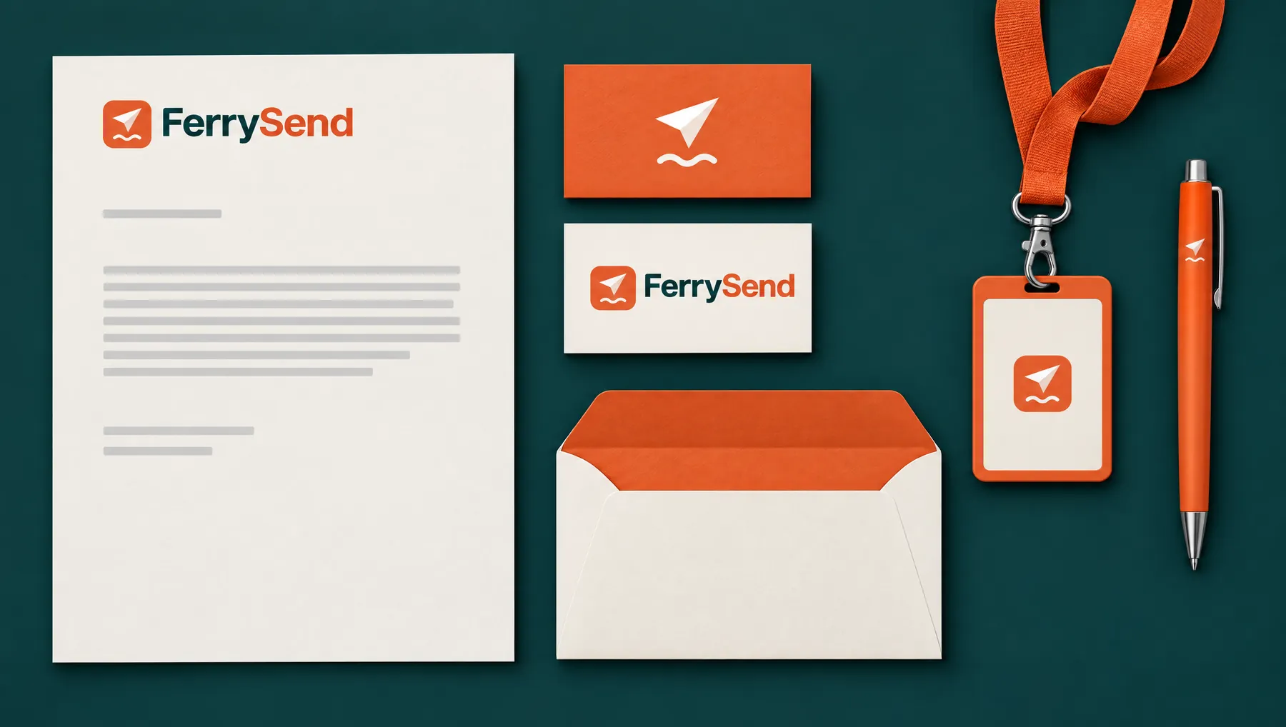 FerrySend letterhead, business cards and envelope on deep teal