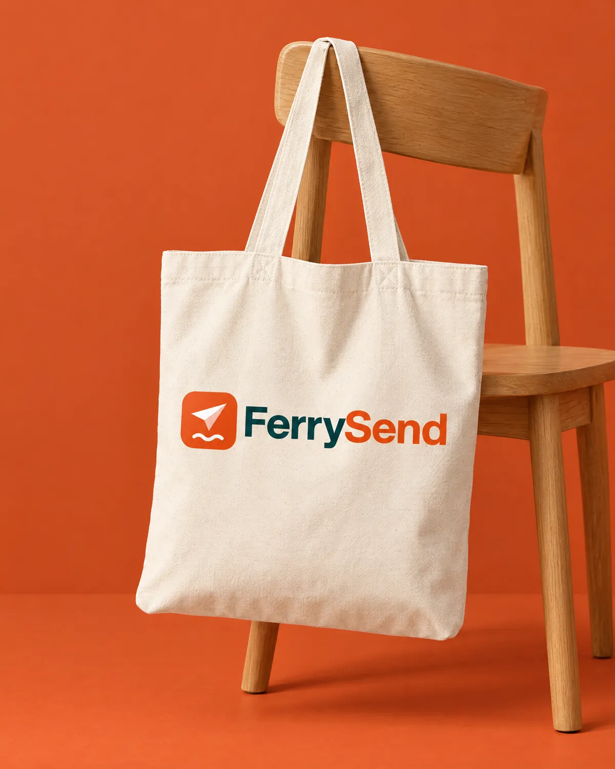 A cream FerrySend tote bag on a wooden chair against an orange wall