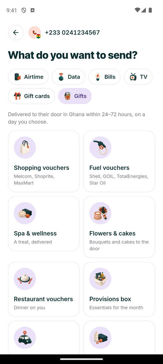 FerrySend app gifts screen