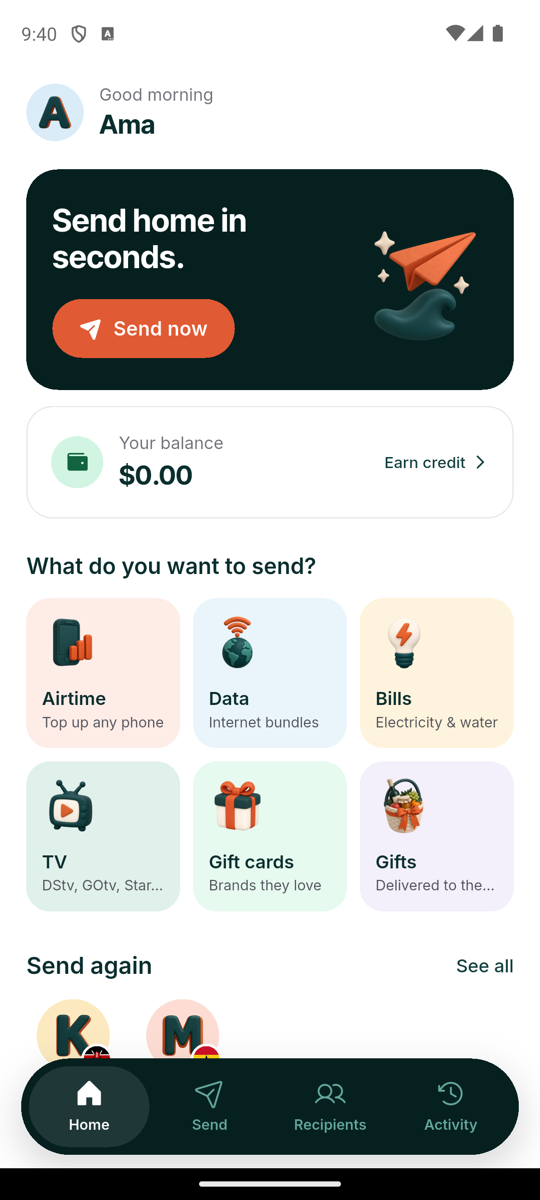 FerrySend app home screen